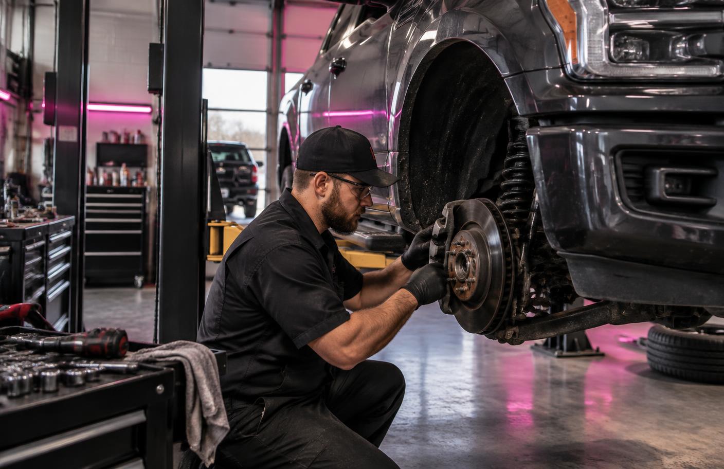 Technician servicing a truck at an automotive repair shop